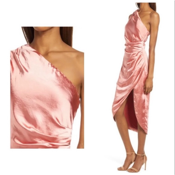 ELLIATT Coral Cassini Satiny Shiny One Shoulder Ruched Dress by Nordstrom Size L - Picture 2 of 16